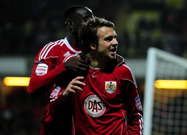Brett Pitman and Albert Adomah: Celebrating the Championship Winning Goal for Bristol City against Watford (22 / 02 / 2011)