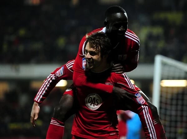 Brett Pitman and Albert Adomah: Celebrating the Winning Goal for Bristol City against Watford (22 / 02 / 2011)