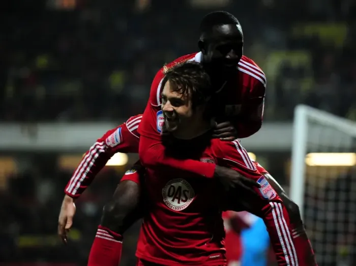 Framed Print : Brett Pitman and Albert Adomah: Celebrating the Winning Goal for Bristol City against Watford (22 / 02 / 2011) Framed Print : Brett Pitman and Albert Adomah: Celebrating the Winning Goal for Bristol City against Watford (22 / 02 / 2011)