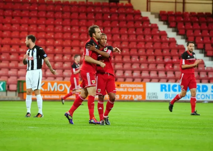 Framed Print : Brett Pitman and Bobby Reid Celebrate Goal for Bristol City against Dunfermline Athletic, August 2012 Framed Print : Brett Pitman and Bobby Reid Celebrate Goal for Bristol City against Dunfermline Athletic, August 2012