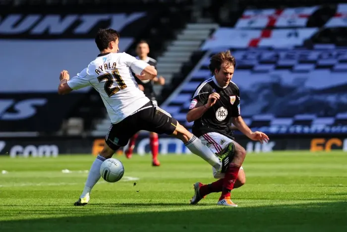 Framed Print : Brett Pitman Foul by Daniel Ayala: Derby County vs. Bristol City Championship Clash at Pride Park (2011)