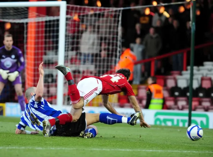 Framed Print : Brett Pitman Foul by Darren Purse: FA Cup Clash between Bristol City and Sheffield Wednesday, 2011 Framed Print : Brett Pitman Foul by Darren Purse: FA Cup Clash between Bristol City and Sheffield Wednesday, 2011