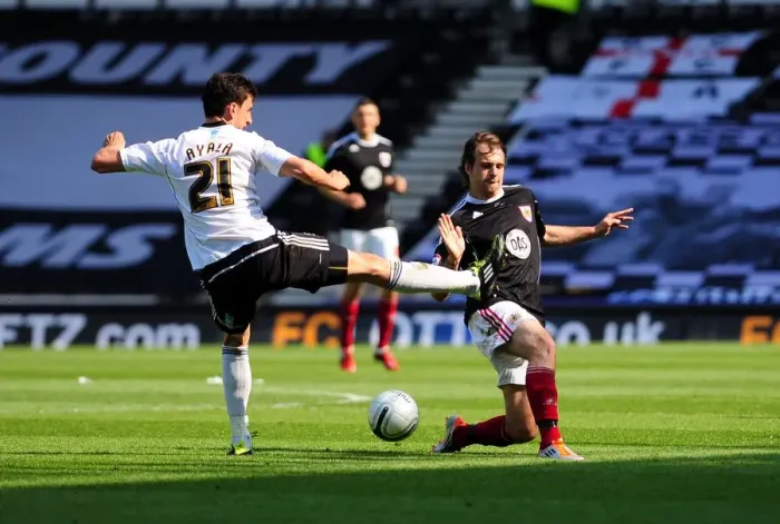 Framed Print : Brett Pitman Fouled by Daniel Ayala: Derby County vs. Bristol City Championship Clash, Pride Park, 30th April 2011