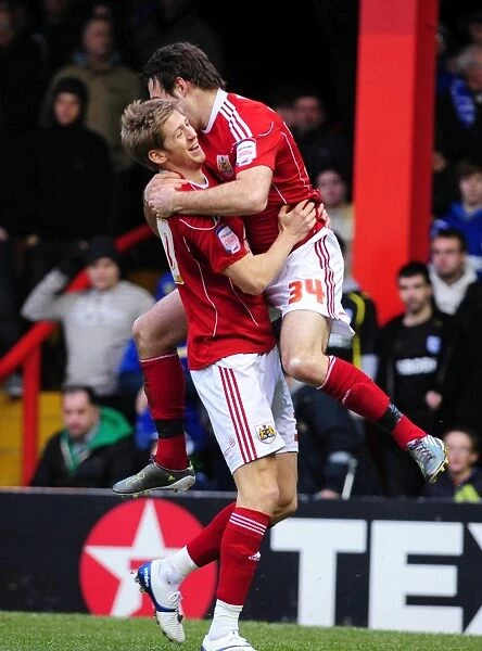 Brett Pitman and Jon Stead Celebrate for Bristol City in Championship Clash vs. Cardiff City (01.01.2011)