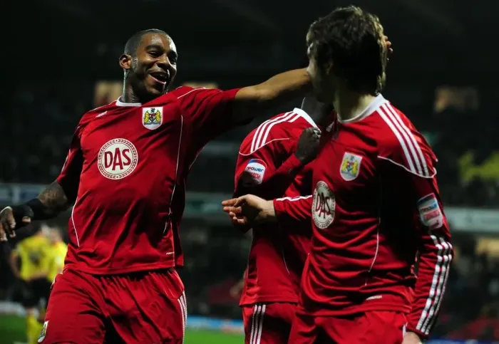 Framed Print : Brett Pitman and Marvin Elliott: Celebrating the Winning Goals for Bristol City against Watford, 2011 (Championship Football Match) Framed Print : Brett Pitman and Marvin Elliott: Celebrating the Winning Goals for Bristol City against Watford, 2011 (Championship Football Match)