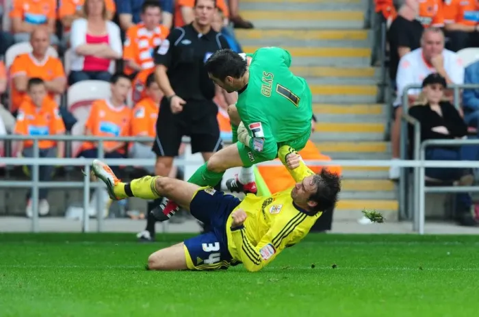 Framed Print : Brett Pitman's Clash with Matthew Gilks: Blackpool vs. Bristol City, League Cup 2011 Framed Print : Brett Pitman's Clash with Matthew Gilks: Blackpool vs. Bristol City, League Cup 2011