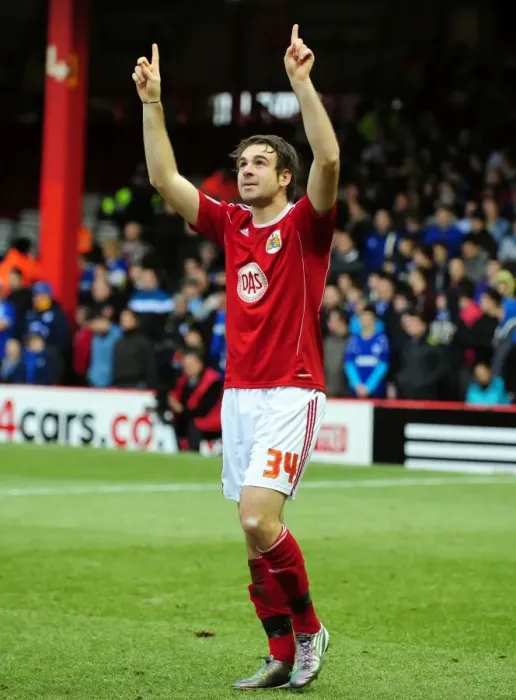 Framed Print : Brett Pitman's Euphoric Goal Celebration: Bristol City vs. Cardiff City (Championship, 01 / 01 / 2011)