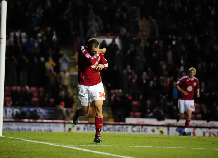 Framed Print : Brett Pitman's Euphoric Goal Celebration: Championship Match - Bristol City vs. Derby County (11-12-2010) Framed Print : Brett Pitman's Euphoric Goal Celebration: Championship Match - Bristol City vs. Derby County (11-12-2010)