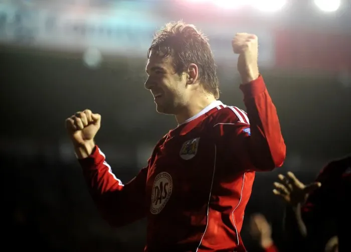 Framed Print : Brett Pitman's Euphoric Goal: Championship Clash - Bristol City vs. Derby County (11-12-2010, Ashton Gate Stadium)