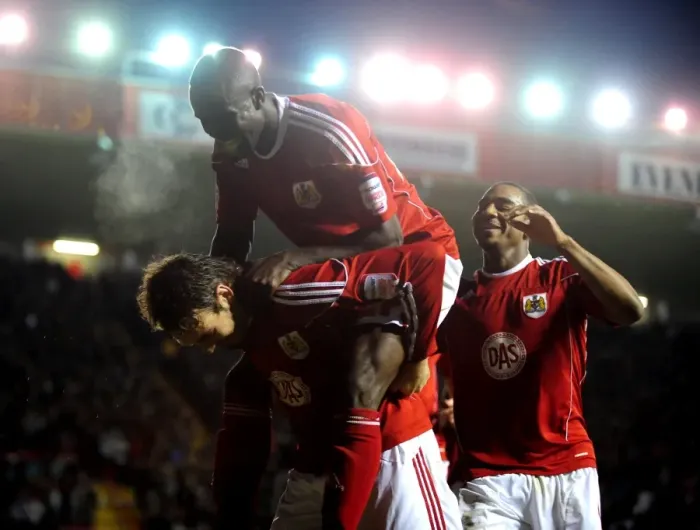 Framed Print : Brett Pitman's Euphoric Goal: Championship Clash - Bristol City vs. Derby County (11-12-2010, Ashton Gate Stadium)