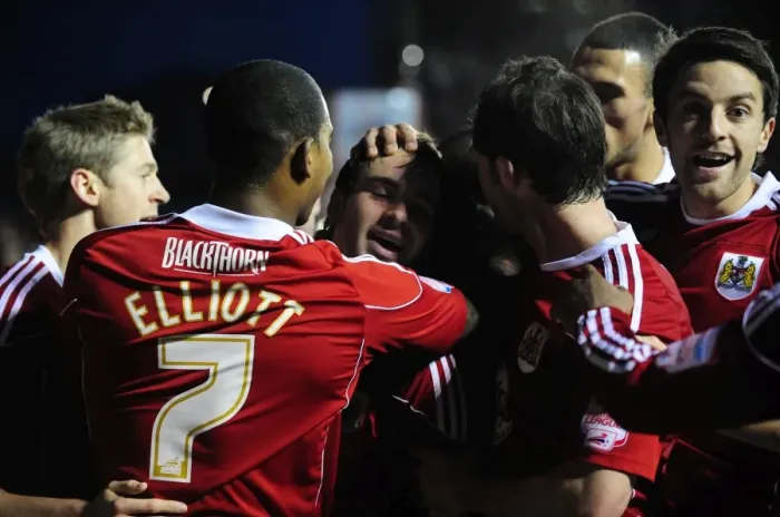 Framed Print : Brett Pitman's Euphoric Moment: Championship Showdown - Bristol City vs. Derby County (11-12-2010, Ashton Gate Stadium) Framed Print : Brett Pitman's Euphoric Moment: Championship Showdown - Bristol City vs. Derby County (11-12-2010, Ashton Gate Stadium)