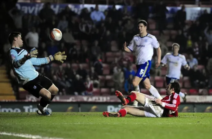 Framed Print : Brett Pitman's Shot Saved by David Marshall: Bristol City vs. Cardiff City, Ashton Gate Stadium (Football) Framed Print : Brett Pitman's Shot Saved by David Marshall: Bristol City vs. Cardiff City, Ashton Gate Stadium (Football)