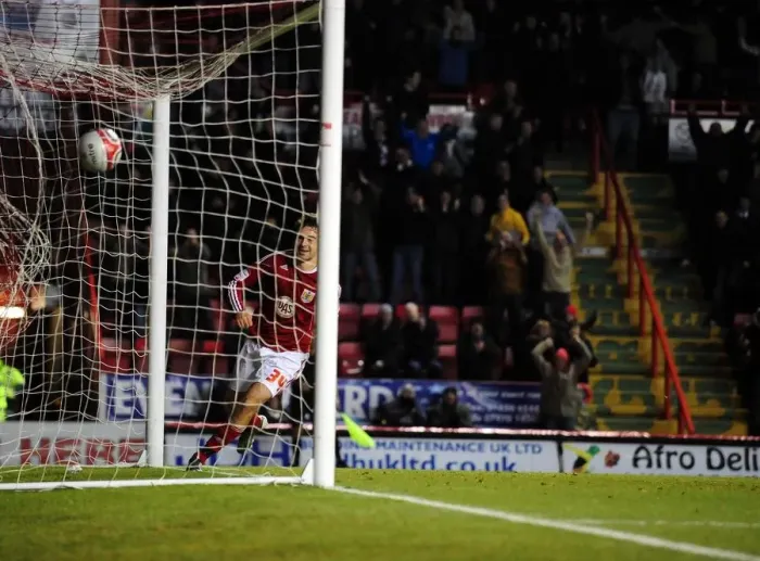 Framed Print : Brett Pitman's Thrilling Goal Celebration: Championship Showdown between Bristol City and Derby County at Ashton Gate Stadium (11 / 12 / 2010) Framed Print : Brett Pitman's Thrilling Goal Celebration: Championship Showdown between Bristol City and Derby County at Ashton Gate Stadium (11 / 12 / 2010)
