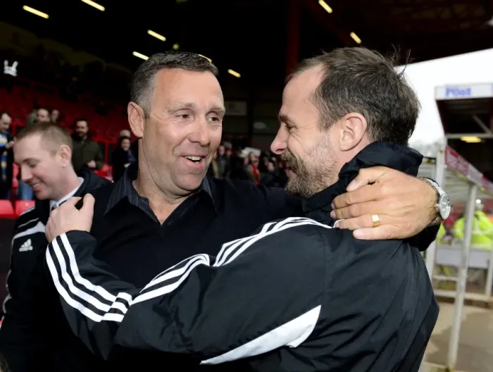 Framed Print : Brian Tinnion Reunites with Louis Carey at Ashton Gate: Bristol City vs Nottingham Forest, 09-02-2013