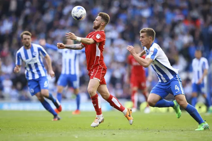 Framed Print : Brighton's Hunemeier Closes In on Matt Taylor of Bristol City at Amex Stadium, Sky Bet Championship (2017)