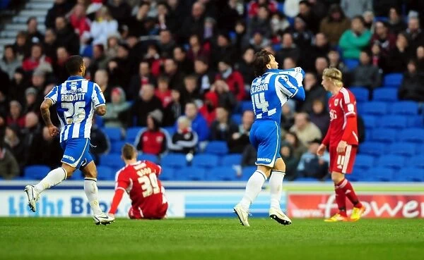 Brighton's Inigo Calderon Celebrates Championship Goal Against Bristol City (14.01.2012)