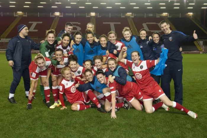 Framed Print : Bristol Academy Women's FC Celebrate Victory Over FC Barcelona in Champions League Framed Print : Bristol Academy Women's FC Celebrate Victory Over FC Barcelona in Champions League