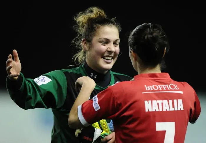Framed Print : Bristol Academy Women's FC Shocks FC Barcelona: Euphoric Victory Celebration by Mary Earps and Natalia Pablos Sanchon