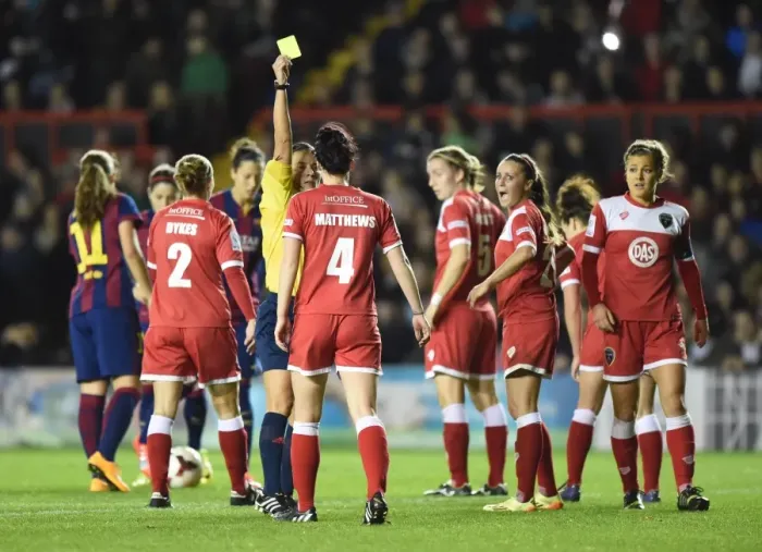 Framed Print : Bristol Academy's Jasmine Matthews Receives Yellow Card vs. FC Barcelona in UEFA Women's Champions League Framed Print : Bristol Academy's Jasmine Matthews Receives Yellow Card vs. FC Barcelona in UEFA Women's Champions League