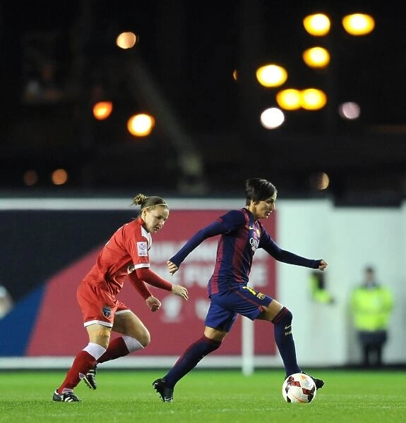 Bristol Academy's Loren Dykes Chases FC Barcelona's Marta Corredera in Women's Champions League Match at Ashton Gate