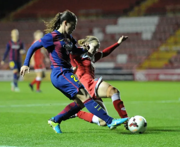 Framed Print : Bristol Academy's Loren Dykes Intercepts FC Barcelona's Nuria Garrote in UEFA Women's Champions League Clash at Ashton Gate Stadium