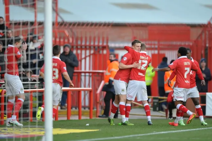 Framed Print : Bristol City: Aden Flint Captures Matt Smith's Goal Celebration vs Fleetwood Town (01-02-2015)