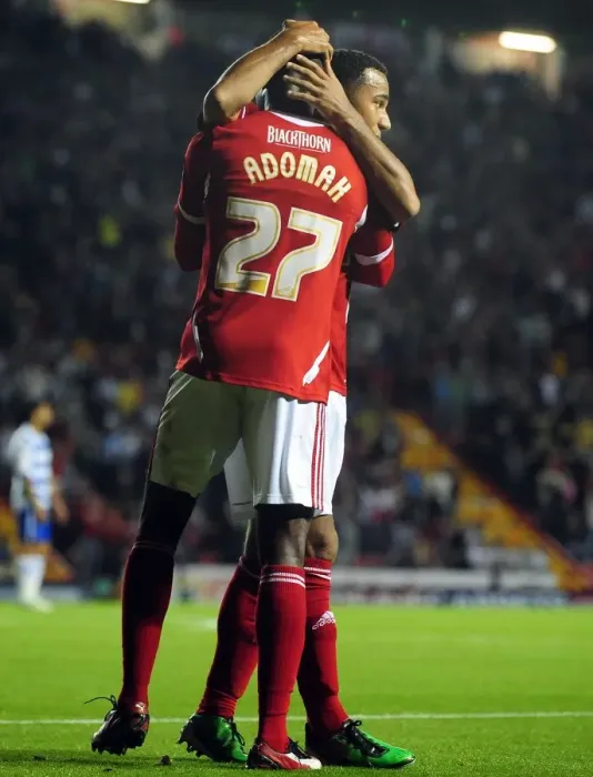 Framed Print : Bristol City: Albert Adomah and Nicky Maynard Celebrate Goal Against Reading in 2011 Championship Match Framed Print : Bristol City: Albert Adomah and Nicky Maynard Celebrate Goal Against Reading in 2011 Championship Match