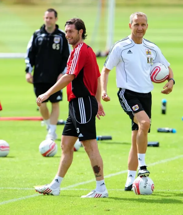 Framed Print : Bristol City Assistant Manager, Keith Millen with Bristol Citys Jamie McAllister