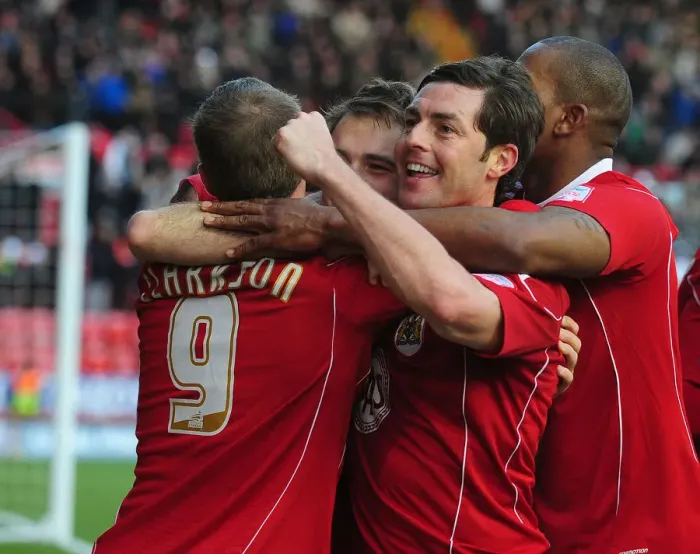 Framed Print : Bristol City: Brett Pitman and Jamie McAllister Celebrate Double Strike Against Sheffield United in Championship Match, 2010 Framed Print : Bristol City: Brett Pitman and Jamie McAllister Celebrate Double Strike Against Sheffield United in Championship Match, 2010