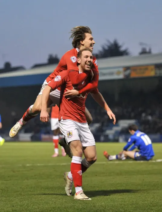 Framed Print : Bristol City Celebrate: Wagstaff and Freeman's Goal Blitz at Priestfield Stadium (Gillingham v Bristol City, Sky Bet League One)