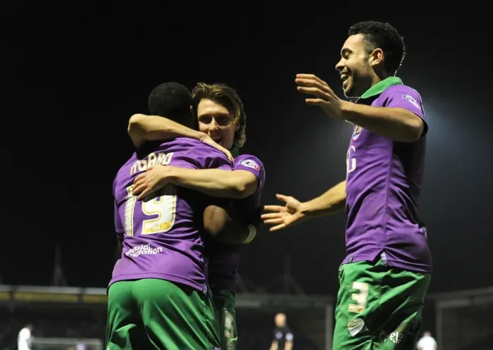 Framed Print : Bristol City Celebrate: Agard, Freeman, and Williams Goal Blitz at Huish Park, 10-03-2015