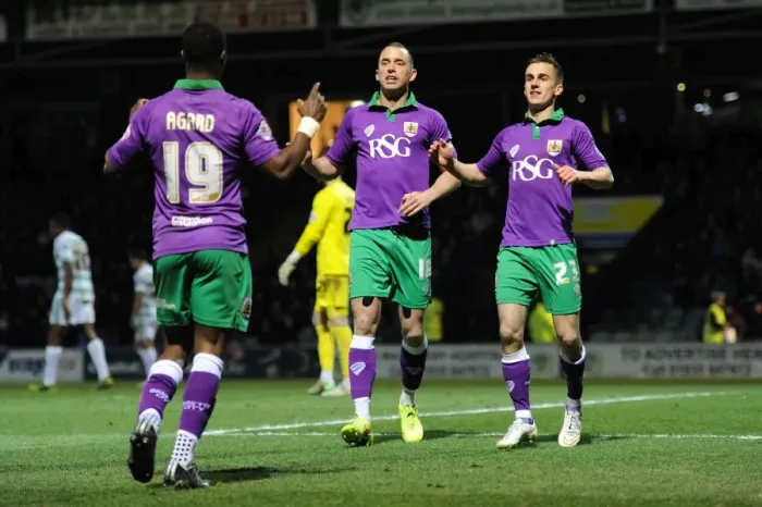 Framed Print : Bristol City Celebrate: Agard, Wilbraham, and Bryan's Goal Rush vs Yeovil Town (10-03-2015) Framed Print : Bristol City Celebrate: Agard, Wilbraham, and Bryan's Goal Rush vs Yeovil Town (10-03-2015)