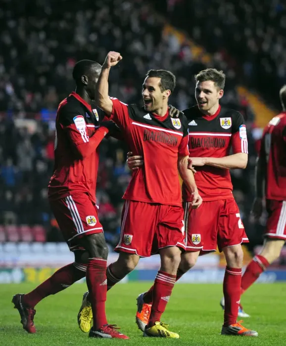 Framed Print : Bristol City Celebrate Double Goal: Sam Baldock and Paul Anderson vs. Peterborough United (December 29, 2012)