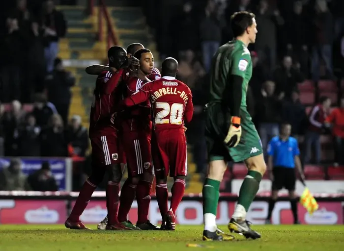 Framed Print : Bristol City Celebrate Own Goal: 2-0 Lead Over Portsmouth, Championship 2011 (Bristol City v Portsmouth)