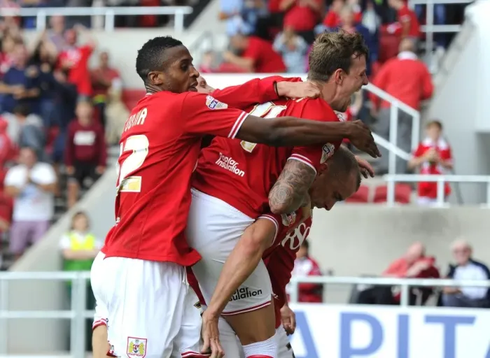 Framed Print : Bristol City Celebrate Goal Against Brentford, Sky Bet Championship (15 / 08 / 2015) Framed Print : Bristol City Celebrate Goal Against Brentford, Sky Bet Championship (15 / 08 / 2015)