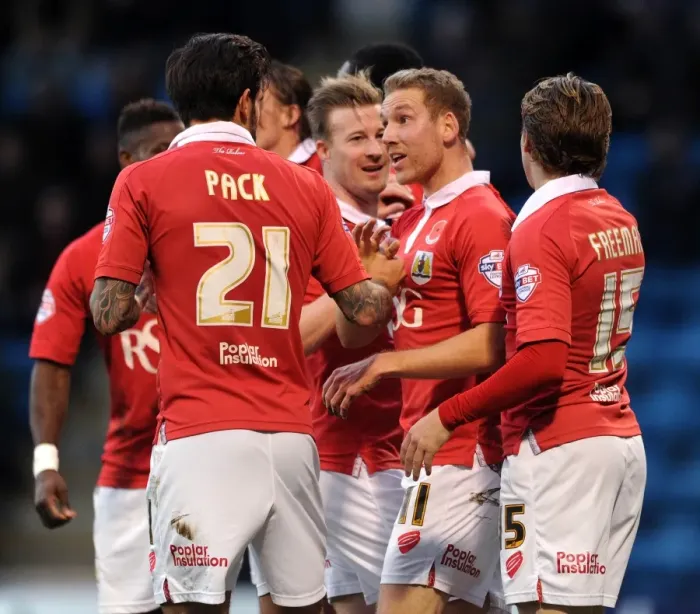 Framed Print : Bristol City Celebrate Goal: Scott Wagstaff Assists Greg Cunningham's Score in Gillingham vs. Bristol City FA Cup Match, November 2014