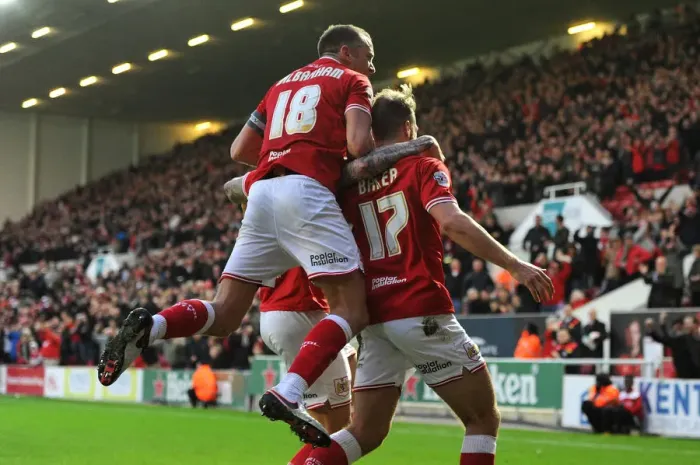 Framed Print : Bristol City Celebrate: Nathan Baker, Aden Flint, and Aaron Wilbraham's Goal vs Charlton Athletic (12 / 26 / 2015)