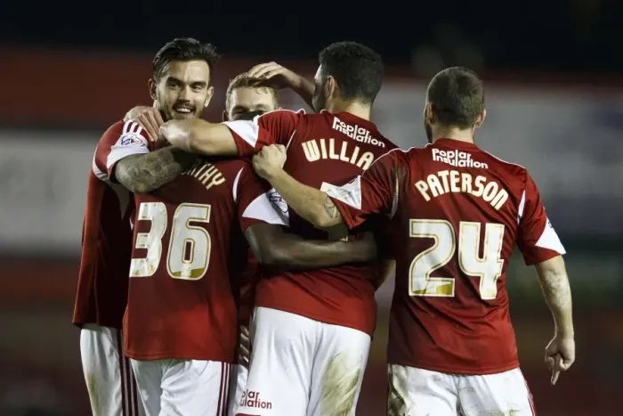 Framed Print : Bristol City Celebrate Nyron Nosworthy's Goal for 2-0 Lead Against Port Vale, Sky Bet League One, Ashton Gate