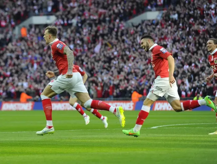 Framed Print : Bristol City Celebrate Opening Goal in Johnstone's Paint Trophy Final vs Walsall Framed Print : Bristol City Celebrate Opening Goal in Johnstone's Paint Trophy Final vs Walsall