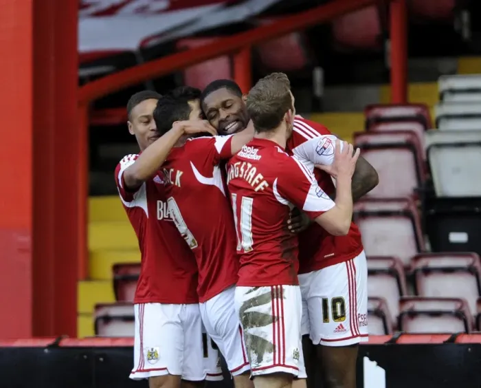 Framed Print : Bristol City Celebrate Sam Baldock's Goal Against Stevenage (December 2013) Framed Print : Bristol City Celebrate Sam Baldock's Goal Against Stevenage (December 2013)