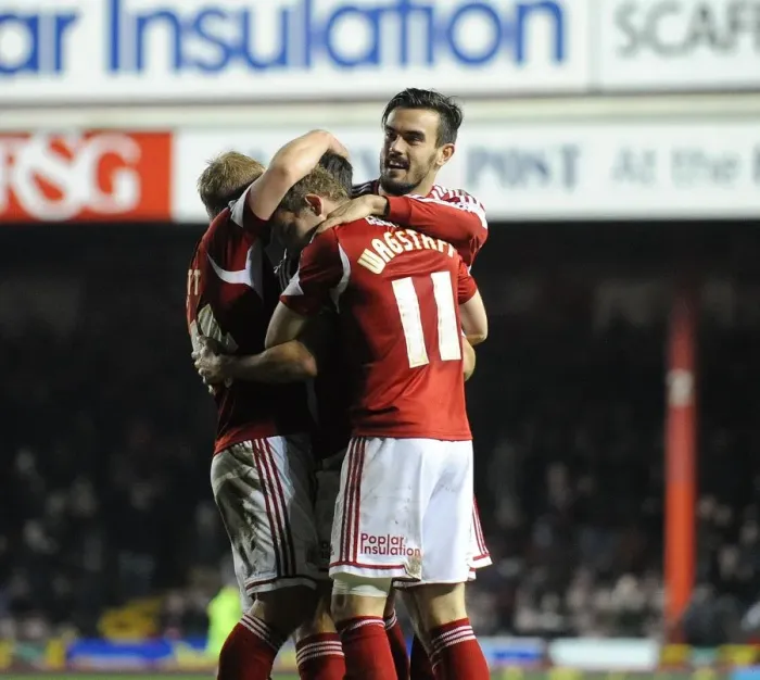 Framed Print : Bristol City Celebrate Sam Baldock's Role in Cuthbert Own Goal vs Leyton Orient (November 2013) Framed Print : Bristol City Celebrate Sam Baldock's Role in Cuthbert Own Goal vs Leyton Orient (November 2013)