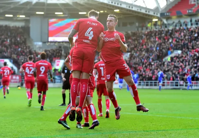 Framed Print : Bristol City Celebrate Victory: Aden Flint and Joe Bryan Rejoice After Goal vs. Cardiff City
