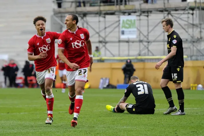 Framed Print : Bristol City Celebrate Victory: Odemwingie and Reid Rejoice After Goal vs. Bolton Wanderers (19 March 2016) Framed Print : Bristol City Celebrate Victory: Odemwingie and Reid Rejoice After Goal vs. Bolton Wanderers (19 March 2016)