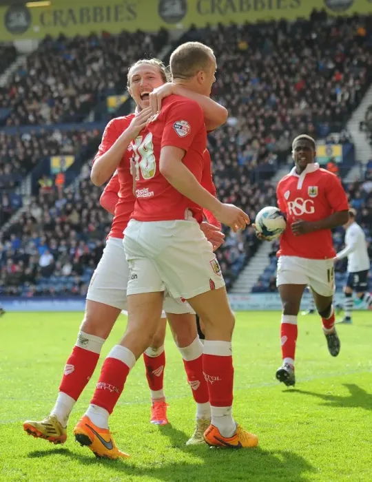 Framed Print : Bristol City Celebrate: Wilbraham and Ayling's Goal Dance (Preston North End vs. Bristol City, 11-04-2015) Framed Print : Bristol City Celebrate: Wilbraham and Ayling's Goal Dance (Preston North End vs. Bristol City, 11-04-2015)