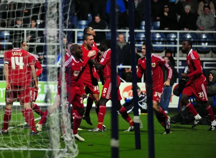Framed Print : Bristol City Celebrate Win Against QPR: Steven Caulker's Goal (Championship, 03 / 01 / 2011)