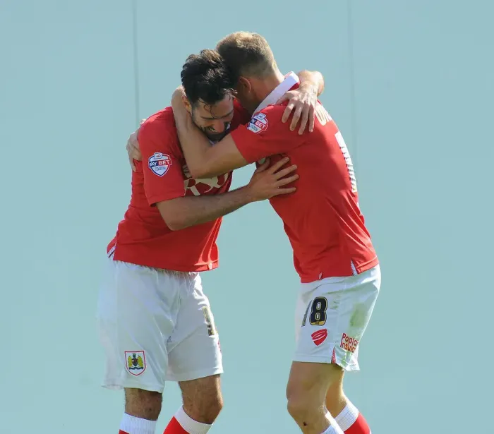 Framed Print : Bristol City Celebrates: Wilbraham and Cunningham's Goal Scoring Moment (Bristol City vs Colchester United, 2014) Framed Print : Bristol City Celebrates: Wilbraham and Cunningham's Goal Scoring Moment (Bristol City vs Colchester United, 2014)