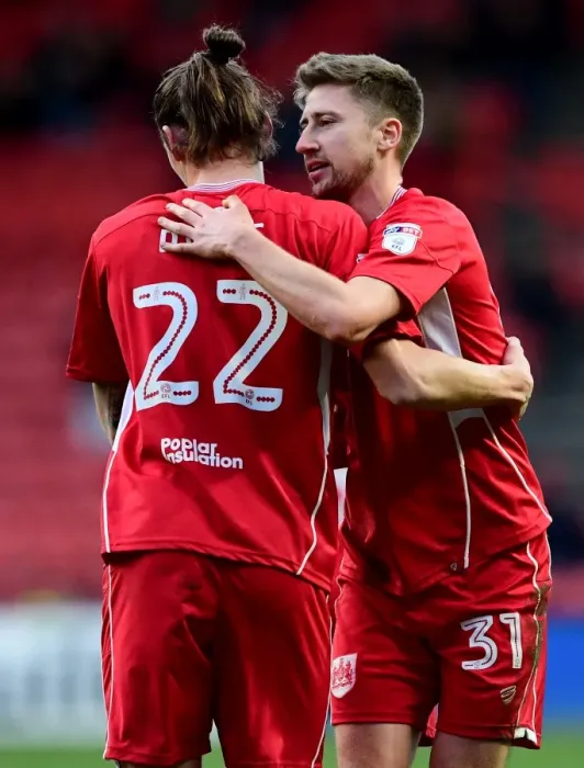 Framed Print : Bristol City Celebrates Championship Win: Milan Djuric and Jens Hegeler Rejoice After Goal Against Rotherham United