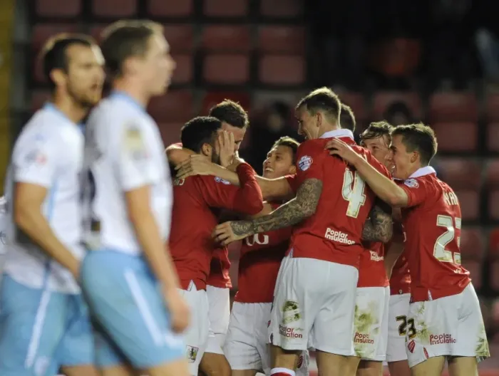 Framed Print : Bristol City Celebrates Derrick Williams Goal Against Coventry City - Johnstones Paint Trophy, Ashton Gate Stadium Framed Print : Bristol City Celebrates Derrick Williams Goal Against Coventry City - Johnstones Paint Trophy, Ashton Gate Stadium