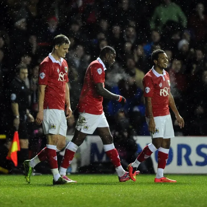 Framed Print : Bristol City Celebrates FA Cup Upset Over Doncaster Rovers: Jay Emmanuel-Thomas, Korey Smith, Matt Smith Rejoice