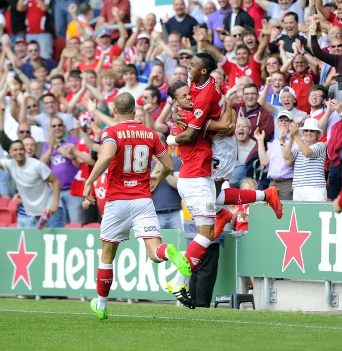 Framed Print : Bristol City Celebrates Goal Against Brentford: Kodjia and Williams Rejoice